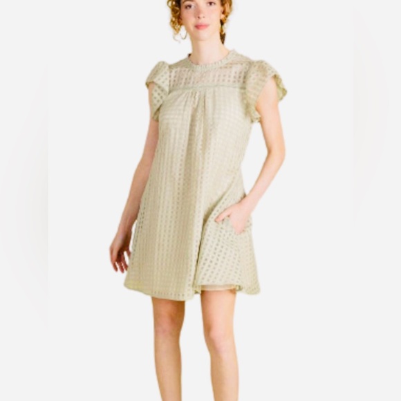 NWT Sedge Dress Celery Green Puff Sleeves Silk / Cotton Luxury Boutique Small - Picture 2 of 11